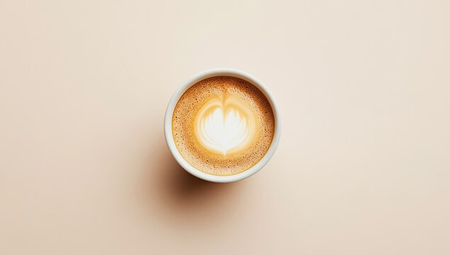 Overhead view of a single takeaway coffee cup.  A heart latte art design is visible on top.  Pale beige background