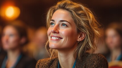 beautiful professional business woman smiling watching a talk