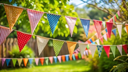 Colorful fabric bunting flags strung across a sunny garden creating a festive outdoor party atmosphere with lush green foliage in the background