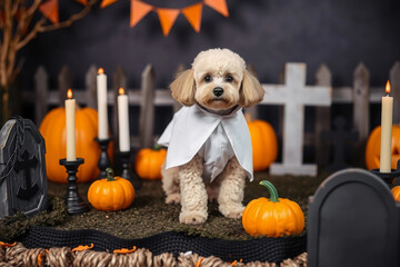 A small, fluffy dog dressed in a white cape stands on a decorated platform with pumpkins and candles. The background features a spooky theme with a fence and autumn decor