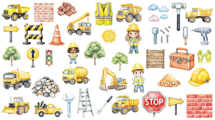 Construction Workers And Heavy Machinery Are Ready
watercolor Illustrations 
Bright Building Tools And Happy Children Work
