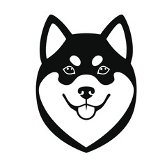 Black and White Shiba Inu Dog Head Portrait Vector Icon Smiling with Tongue Out