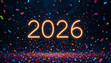 Minimalist New Year background with neon glowing numbers ‘2026’ surrounded by confetti, streamers, and sparkles on a dark backdrop