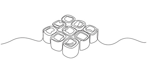Continuous Line Art Drawing of Sushi Rolls,Sushi rolls, Hosomaki, maki one line art. Continuous line drawing of sushi, japanese, food,one line art vector illustration, © Main