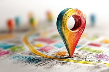 Route optimization map, transportation element, marker drawing style, colorful sketch, isolated on white background
