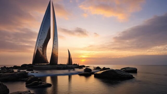 Skyline Sails: A modern architectural marvel against the backdrop of a serene coastal sunset, with sleek, sail-shaped structures reflecting the warm hues of the sky and the calm waters.