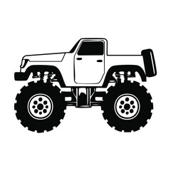 Black and White Monster Truck Vector Illustration with Large Tires and Raised Chassis