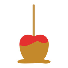Flat Design Caramel Apple Icon with Red Candy Dip and Wooden Stick, Fall and Halloween Treat