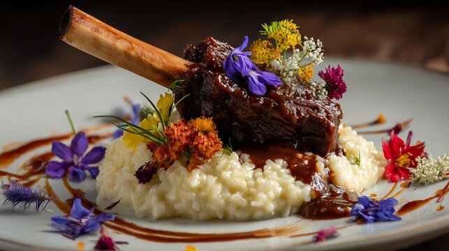 Gourmet Turkish lamb shank slow cooked cinnamon and figs served with saffron risotto and edible flowers luxury restaurant plating fine dining left to right perspective