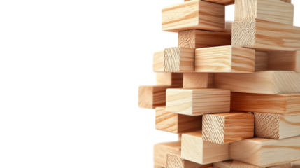Jenga tower on transparent background, close-up view