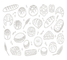 Detailed line art illustration of various breads and pastries, including baguette, croissant, donut, and sandwich, isolated on white background perfect for bakery or foodrelated designs