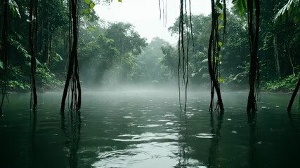 forest mangrove swamp framed by hanging tree root and vine. water spreads across surface with mist and reflection. dense foliage surrounds calm wetland. fog drifts over water and between tree root. - Powered by Adobe