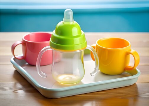 Close up of a baby bottle with two small colorful sippy cups on a white tray