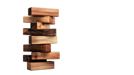Jenga tower with wooden blocks on transparent background.