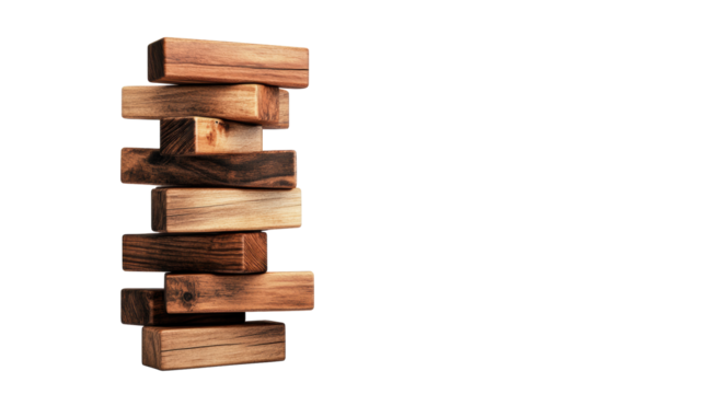 Jenga tower with wooden blocks on transparent background.