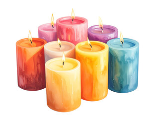 Assorted Colorful Candles Grouped in Cluster Formation, soft light on white background