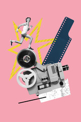 Art sketch 3d image banner collage of happy sportsman run retro camera shooting moment paparazzi content old-fashioned polaroid