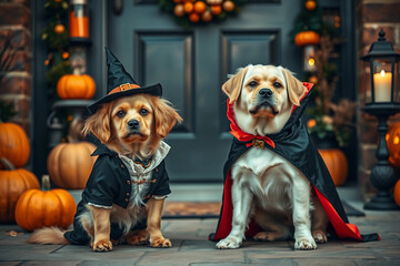 Two dogs dressed in festive Halloween costumes sit on a stone pathway outside a house. The scene includes carved pumpkins and decorative lanterns, creating a cozy fall atmosphere