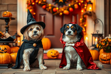Two dogs dressed as a wizard and a vampire sit on a porch. The area is decorated with pumpkins and autumn lights, creating a festive Halloween atmosphere
