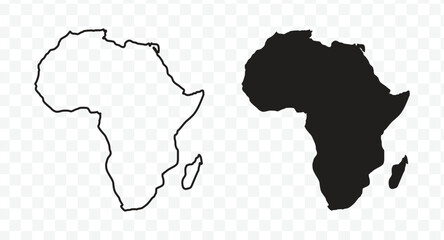 Outline and solid black silhouette maps of the African continent