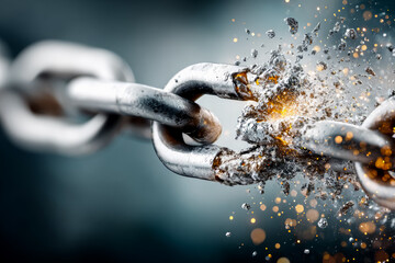 Broken metal chain symbolizing strength, resilience, freedom and breaking limits with flying particles and sparks in dynamic explosion moment