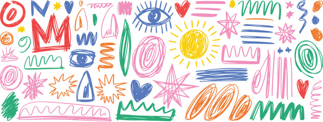 Doodle elements crown sun eye heart star scribble abstract