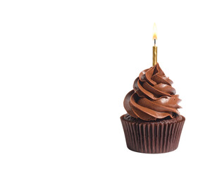 Mini Chocolate Cupcake with Candle, side view with subtle shadows
