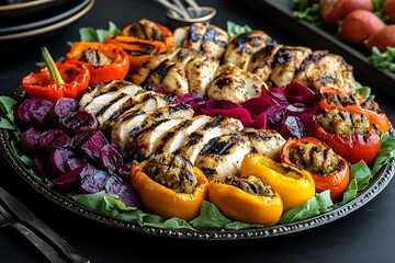 A colorful salad platter brimming with grilled chicken, roasted beets, and stuffed peppers beautifully arranged on a dark table, promising a feast for the senses.