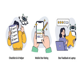 Illustrations showing checklist with ai helper, mobile star rating, and star feedback at laptop, representing customer feedback and satisfaction isolated on white background