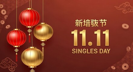 Red and gold lanterns hanging against a red background for singles day advertisement design theme