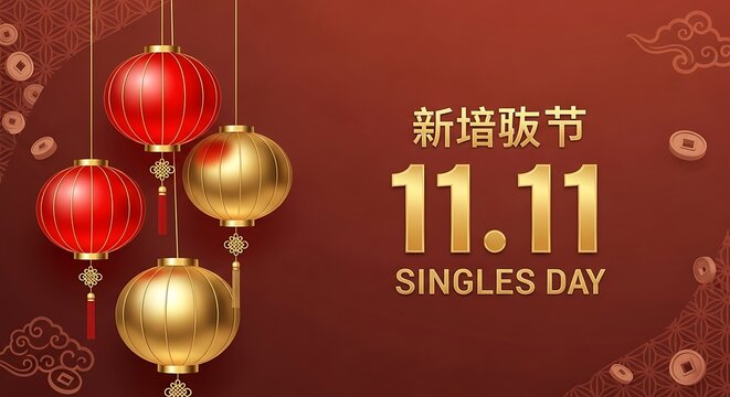 Red and gold lanterns hanging against a red background for singles day advertisement design theme