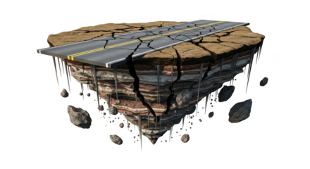 Cracked road on layered earth block on transparent background