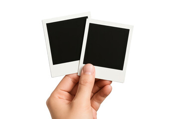 Hand holding two blank instant photos isolated on black background