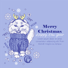 Vector illustration of a fold-eared fluffy cat in a sweater and deer ears in engraving style. Christmas greeting card. A lovely invitation to celebrate the New Year