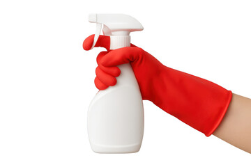 Hand in red glove holding white spray bottle on black background