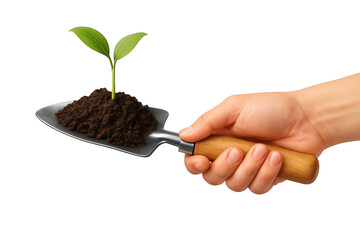 Hand holding seedling on shovel against black background symbol of growth