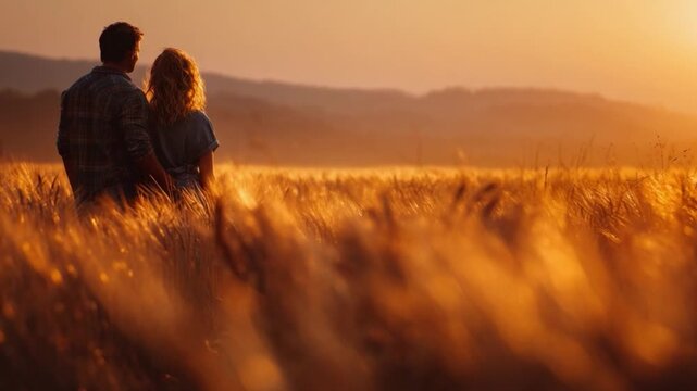 Golden Hour Serenity: A couple stands embraced amidst a field of golden wheat, bathed in the soft, warm light of the setting sun, evoking a sense of intimacy and tranquility.