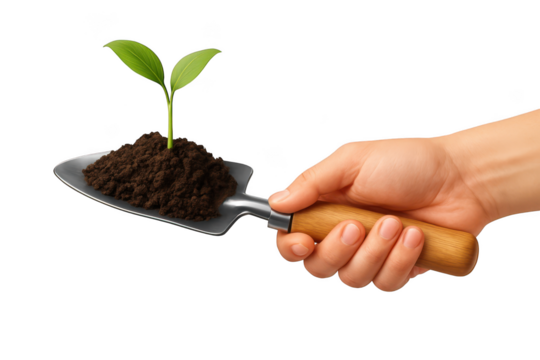 Hand holding seedling on shovel against black background symbol of growth