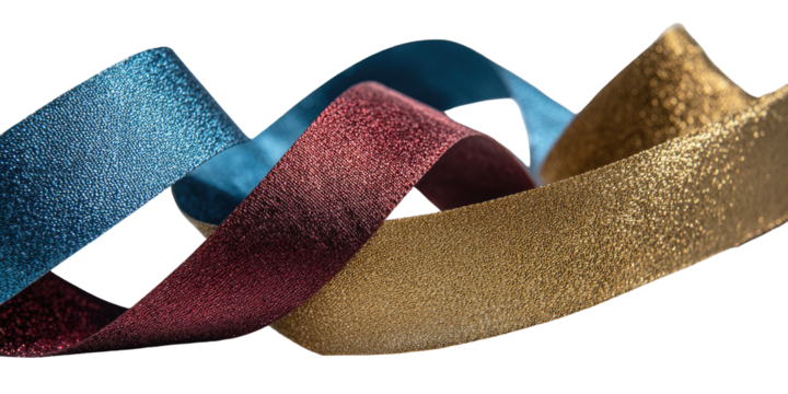 Close-up of three shimmering, ribbon-like objects in shades of blue, red, and gold, with a black background
