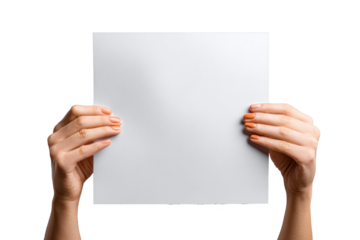 Hand holding blank paper isolated on transparent background