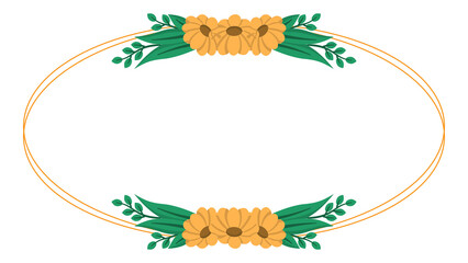 Oval frame with yellow flowers and green leaves at top and bottom. Suitable for floral designs and invitations. Great for spring themed projects.