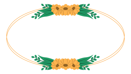Oval frame with yellow flowers and green leaves at top and bottom. Suitable for floral designs and invitations. Great for spring themed projects.