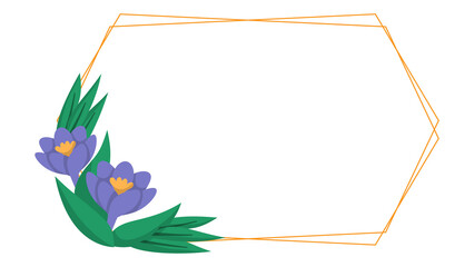 Geometric frame with purple flowers and green leaves perfect for spring themed designs, greeting cards, invitations, and event announcements.