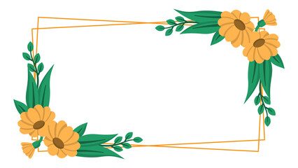 Rectangular floral frame with golden flowers  green leaves. Perfect for wedding invitations, greeting cards, blog headers, or social media posts.