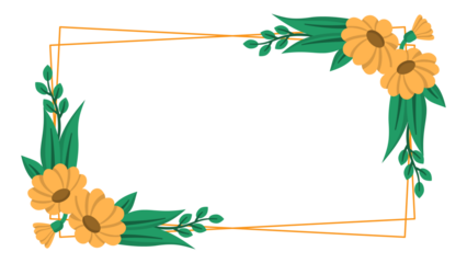 Rectangular floral frame with golden flowers  green leaves. Perfect for wedding invitations, greeting cards, blog headers, or social media posts.