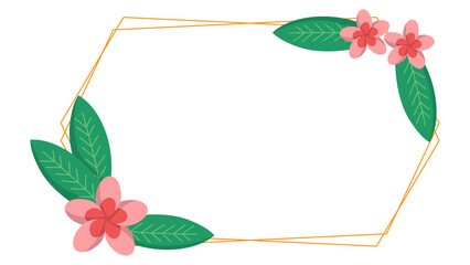 Golden geometric frame adorned with pink flowers  green leaves, perfect for wedding invitations, greeting cards, or feminine designs.