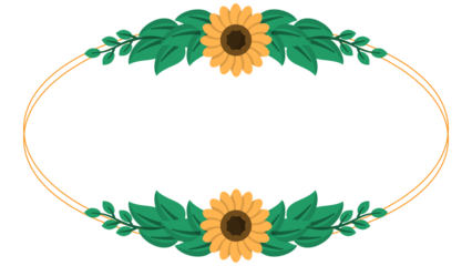 Sunflower framed in a golden oval with leaves vibrant and natural. Suitable for nature themed designs, web graphics, and spring promotions.