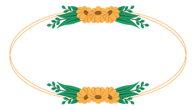Oval frame with yellow flowers and green leaves at top and bottom. Suitable for floral designs and invitations. Great for spring themed projects.