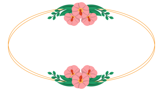 Pink flowers and green leaves in an oval frame. Perfect for spring themed designs, greeting cards, wedding invitations, or botanical illustrations.