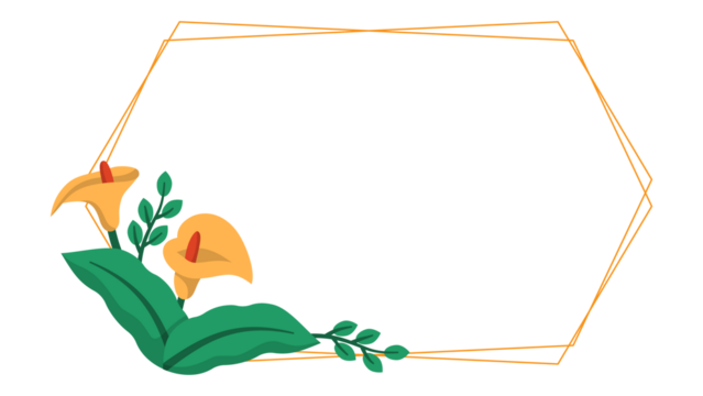 Golden hexagon frame features yellow flowers and vibrant green foliage, suitable for invitations, social media posts, and nature themed designs.